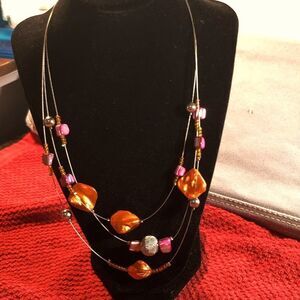 TRIPLE layered orange pink and silver beaded necklace
